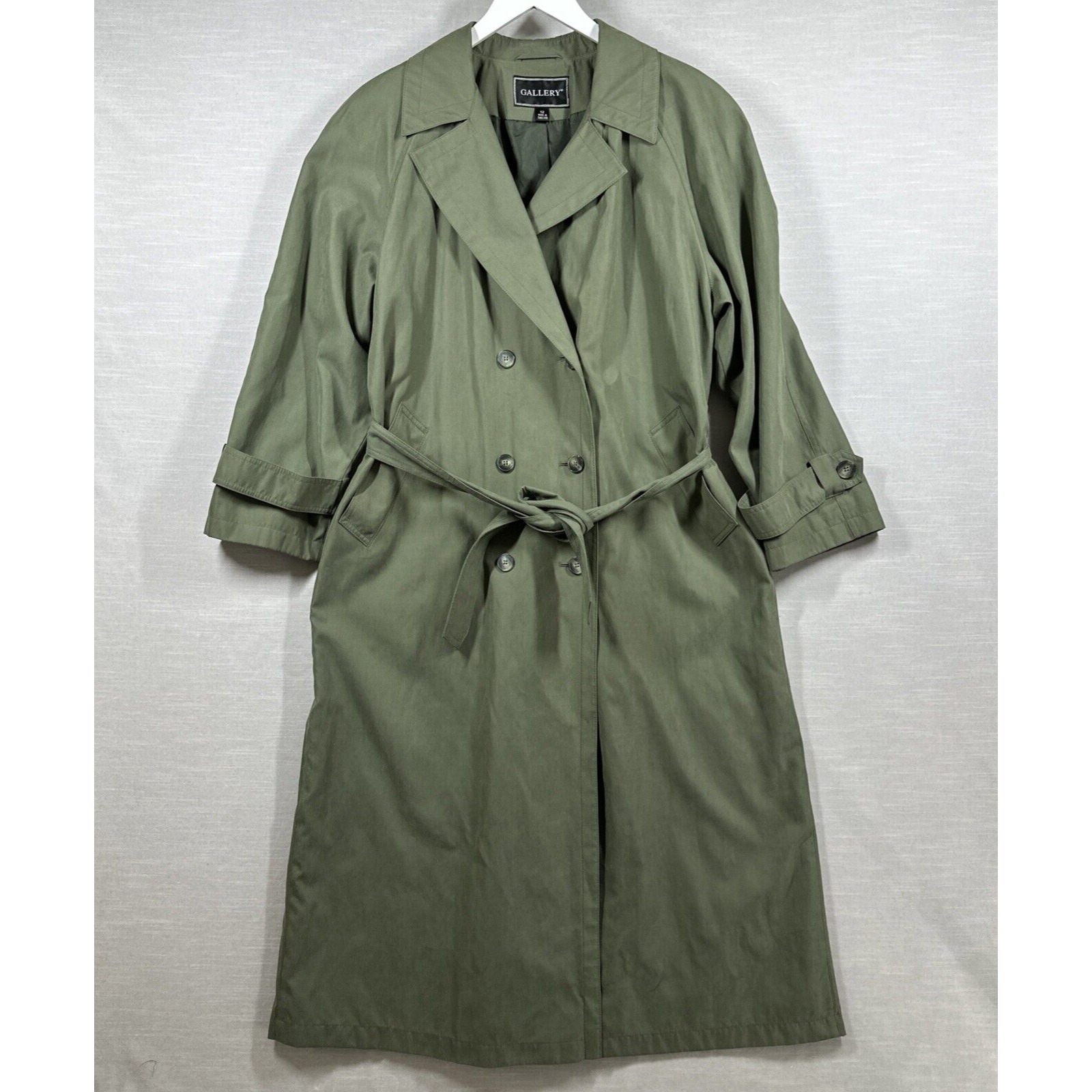 Vintage Gallery Jacket Womans 12 Green Trench Coat Duster Double Breasted Belted
